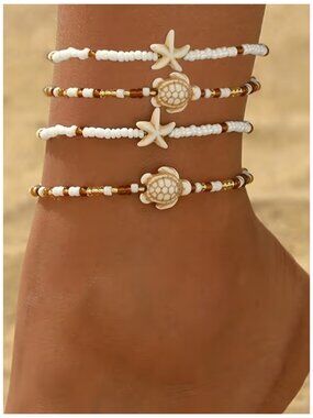 4pc Glass Bead Ankle Bracelets Multi-Layer Stacked Starfish & Sea Turtle Charms